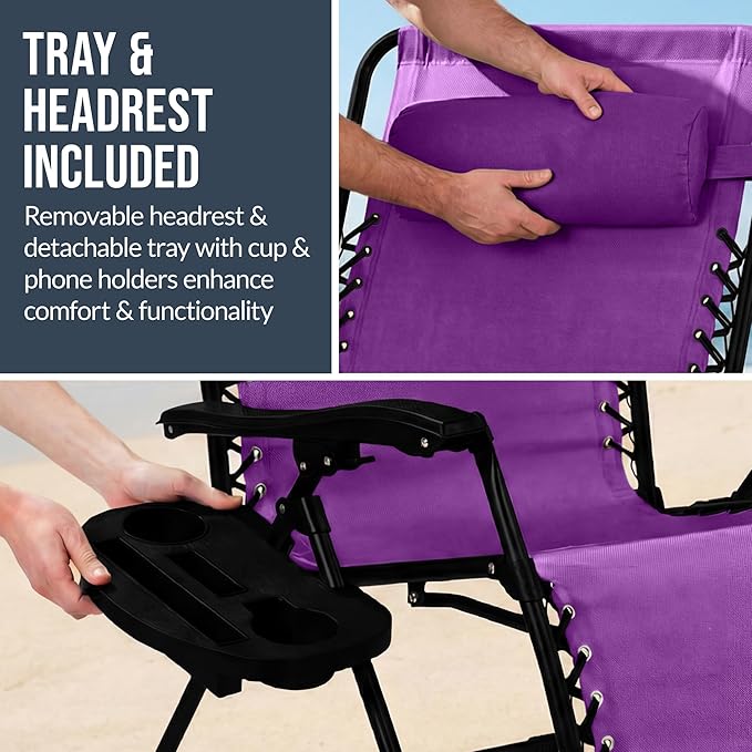 Best Choice Products Set of 2 Extra Wide Adjustable Steel Mesh Zero Gravity Lounge Chair Recliners w/Pillows and Cup Holder Trays - Amethyst Purple