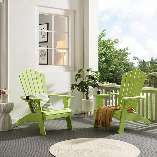 Psilvam Adirondack Chair, Oversized Poly Lumber Fire Pit Chair with Cup Holder, 350Lbs Support Patio Chairs for Garden, Weather Resistant Outdoors Seating, Relaxing Gift for Father & Mother (1, Green)