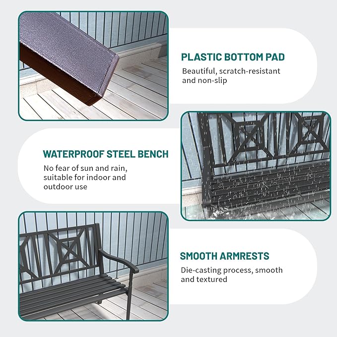 Metal Bench Patio Bench, Outdoor Benches Weatherproof with Lattice Backrest, Wrought Iron Garden Benches for Outdoors, Patio, Garden, Park, 2 Pack