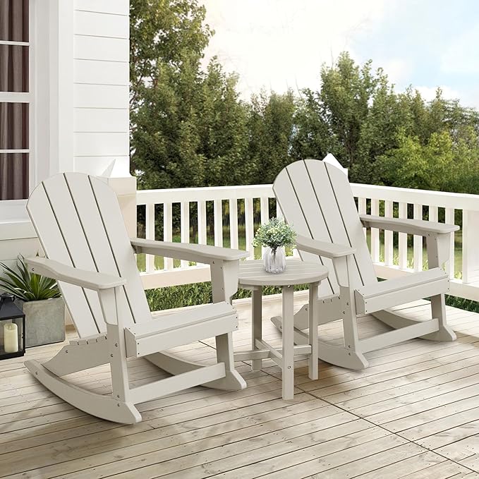 Costaelm Outdoor Adirondack Chair, All Weather Resistant Classic Balcony Chair and Fire Pit Chairs, Adirondack Plastic Outdoor Porch Furniture Rocking Chair High Back HDPE Poly Lumber, Sand