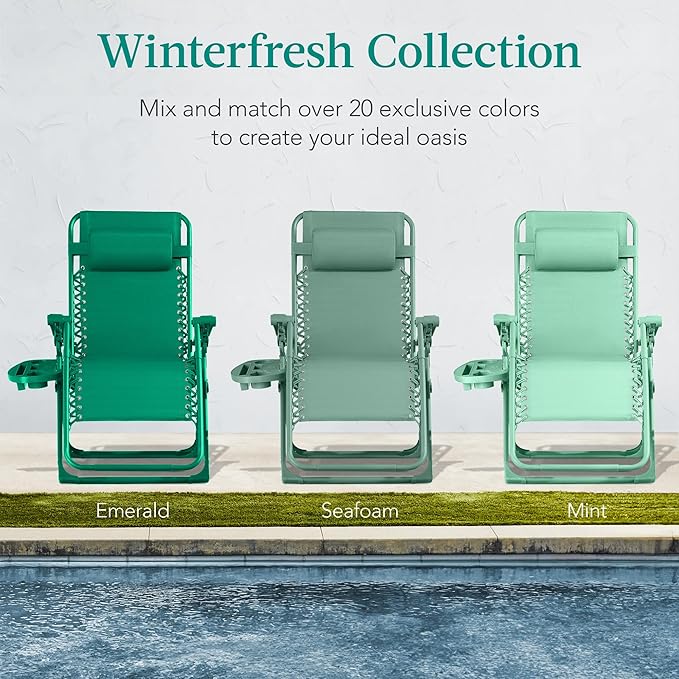 Best Choice Products Adjustable Zero Gravity Chair, Monochromatic Color Folding Patio Recliner w/Side Tray, Headrest - Mint