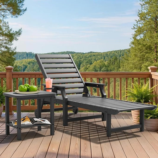 5-Position Adjustable Patio Chaise Lounge - 78'' HDPE Outdoor Lounger with Rolling Wheels & Cup Holder, Longer, Wider, Higher - Perfect for Poolside & Deck, Gray