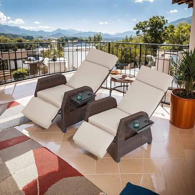 Outdoor Patio Recliner Chair, 180ยฐReclining Patio Chairs with Adjustable Backrest & Flip-Up Table, Rattan Reclining Lounge Chair, Wicker Balcony Recliner, Beige, 2PCS