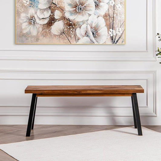 Solid Wood Bench - Minimalist Design, Acacia Wood Construction, Natural top-Black Leg Color, Versatile for Entryway,Living Room,Bedroom & Outdoors,Easy Assembly & Weather-Resistant