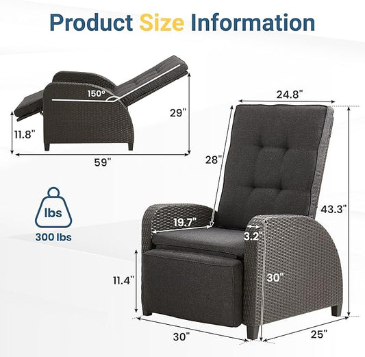 Green4ever Outdoor Patio Recliner with Adjustable Backrest and Footrest, All-Weather Wicker Patio Chair, 160° Lay Flat Patio Reclining Lounge Chair for Garden Backyard, Grey