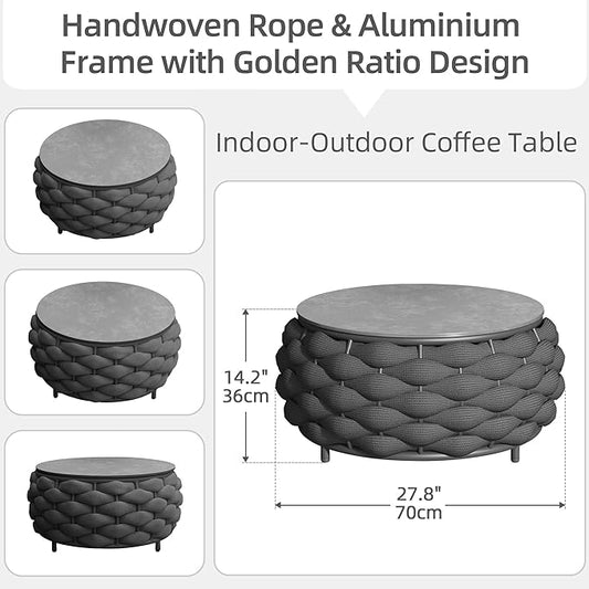 Round Coffee Table for Indoor & Outdoor Use, Aluminum Patio Furniture with Handwoven Ropes, Weather-Resistant for Garden, Terrace & Poolside (Black)