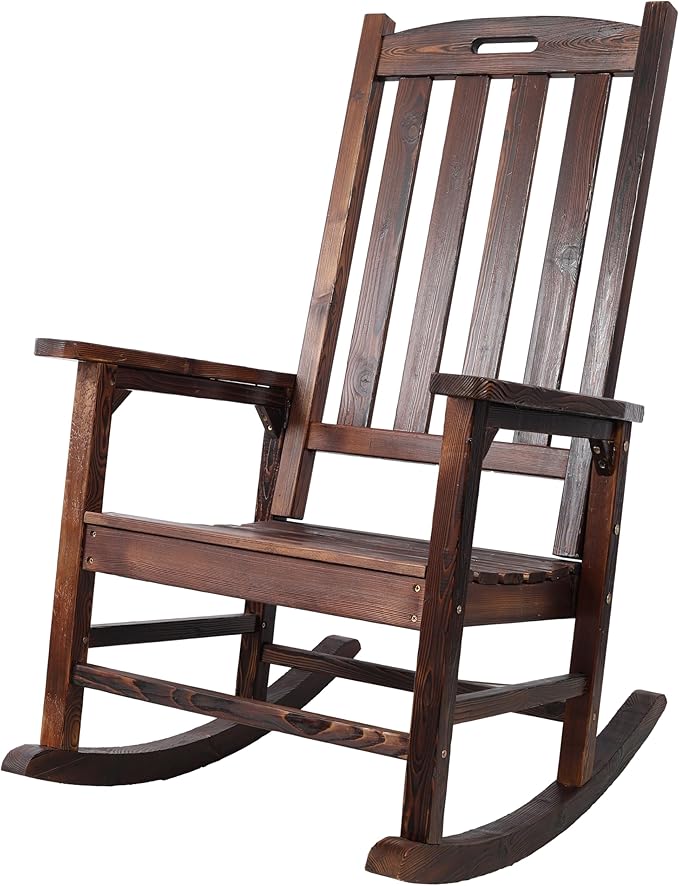 Patio Wooden Rocking Chair, High Back Wood Rocker Accent Chairs, Durable Porch Rocker Chair with Wide Seat, Patio Rockers for Outdoor & Indoor, Garden, Porch (Brown)