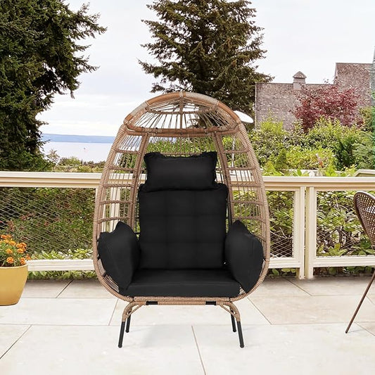 PayLessHere Egg Chair Egg Basket Rattan Chair Steel Frame Oversized Indoor Outdoor Lounger Simple Installation with 4 Comfort Cushion and Stand,352lb Capacity for Patio Garden Living Room,Black