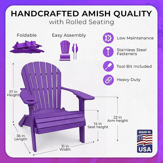 Ecommersify Folding Adirondack Chair with Cup Holder - (Bright Purple) - Heavy Duty Recycled Poly Lumber Folding Chair - Amish Crafted Outdoor Furniture - Made in USA