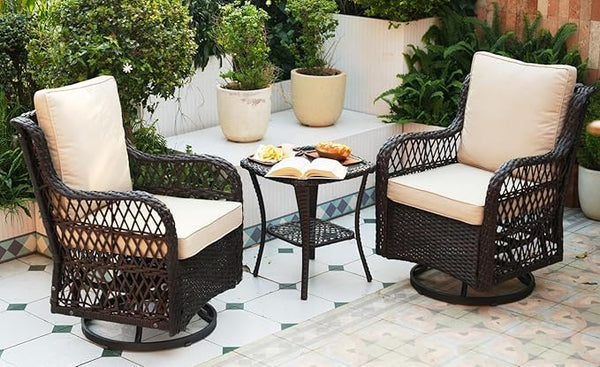 GAOMON 3 Piece Outdoor Patio Set, Wicker Rocking Bistro Set with 2 Swivel Chairs & Tempered Glass Top Table - Photo 1