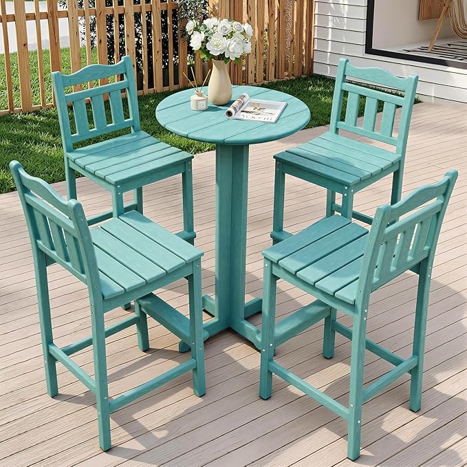 5-Piece Outdoor Bar Set, HDPE Adirondack Bar Height Chairs Set of 4 and Round Pub Table, All Weather Outdoor Patio Bar Furniture for Bistro, Deck, Balcony, Poolside (Aruba Blue)