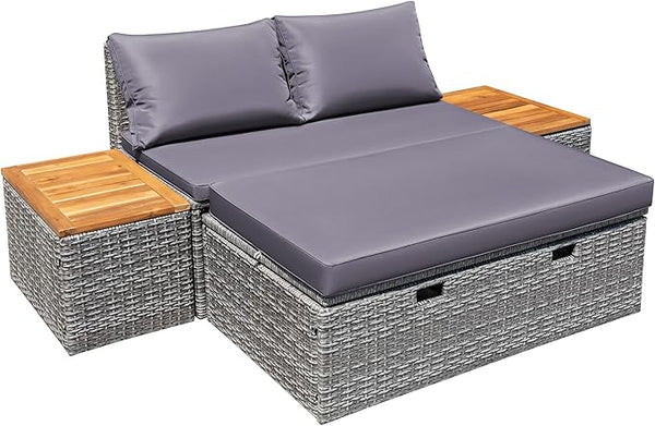 Devoko Patio Day Bed with 2 Side Tables Outdoor Daybed Set MultifunctionalRattan Lounge Bed for Backyard Porch Poolside - Photo 1