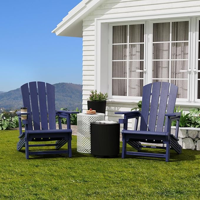 Adirondack Chair,Plastic Outdoor Chairs Without Screws Install,Patio Adirondack with Cup Holder,400 LBS Capacity Recliner Chair Garden Chair for Backyard Lawn Beach Navy Blue