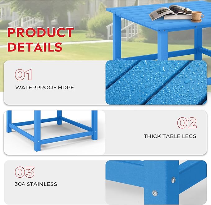 Costaelm Patio Conversation Table, Tatio Accent HDPE Outdoor Weather Resistant, Square Outdoor Porch Balcony Patio Drink Table for Outside, Pool, Backyard, Pacific Blue
