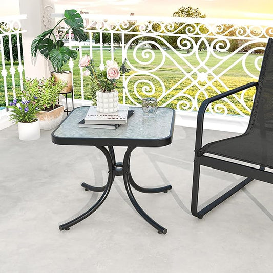 Tangkula Outdoor Side Table, 20 Inches Square End Table with Tempered Glass Top, Metal Frame, Small Patio Table for Garden, Backyard, Balcony, Poolside, Porch (2)