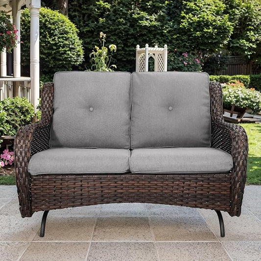 Patio Loveseat Glider Set, Resin Wicker Loveseat Glider with 2 Swivel Patio Chiars and Coffee Table, 4 Piece Patio Bistro Set Furniture Set Loveseat Set, Brown Wicker|Grey Cushions
