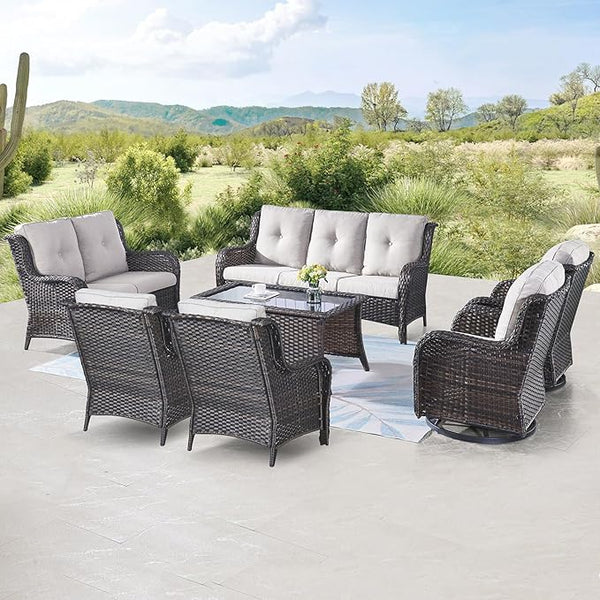 Belord 7 Piece Wicker Patio Furniture Set, Outdoor Swivel Rocker Chairs Set of 2 with Ottomans, 3 Seat Sofa and Loveseat - Photo 1