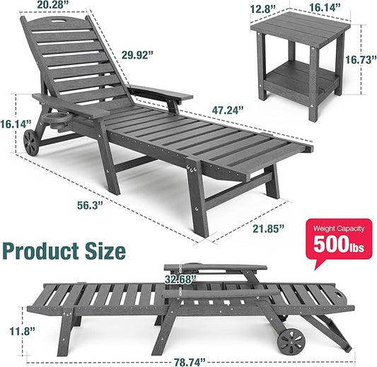 Pamapic 2 Pieces 500 LBS Lounge Chair, Wide Armrest Oversized Chaise Lounge Chair with Wheel, All Weather 4 Positions Chaise Lounge with Cup Holder, Outdoor Lounge Chairs for Poolsdie, Patio, Grey