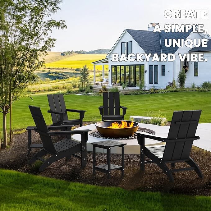 Modern Adirondack Chair, HDPE Plastic Patio Chairs for All Weather, Fire Pit Chair, Outdoor Lawn Chairs for Deck, Porch, Backyard, Garden, Black