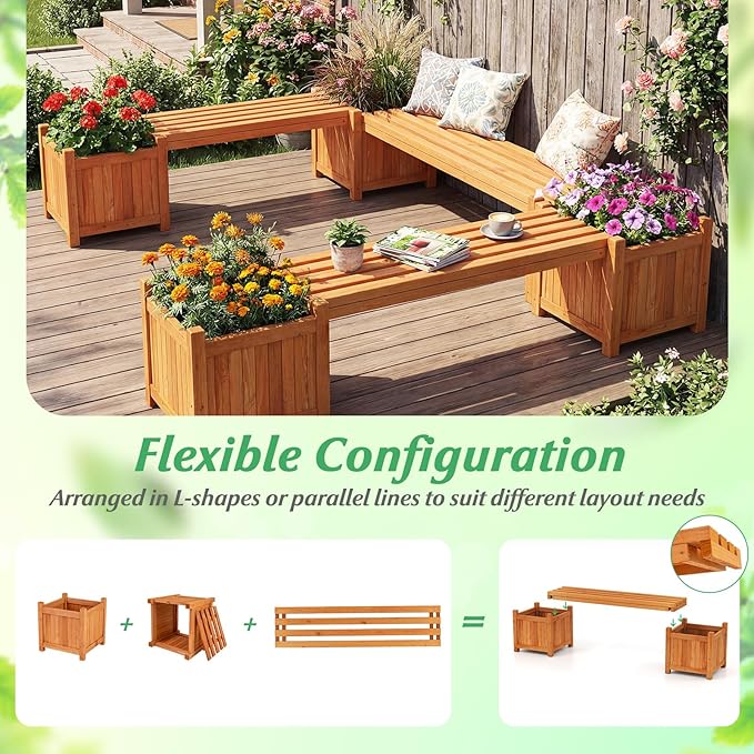 HAPPYGRILL 2-in-1 Outdoor Bench with 2 Raised Garden Beds, 2 Person Patio Bench with Teak Oil Finish, Open-Ended Base, Wooden Garden Bench for Flowerpots, Indoor Patio Yard Porch Decoration (2)