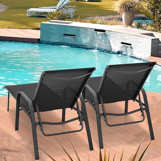 MoNiBloom Outdoor Black Lounge Chairs Set of 2, 5 Levels Adjustable Backrest Pool Lounge Chairs Breathable All Weather Metal Frame Sunbathing Recliner for Patio, Beach, Yard, Pool, 350 Lbs Capacity