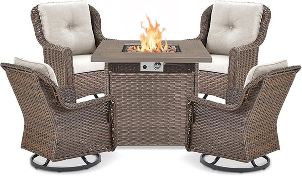 Outdoor Patio Swivel Gliders with Fire Pit Table 5 Piece Set - High Back Brown Wicker Rattan Rocking Chair with Thick - Photo 1