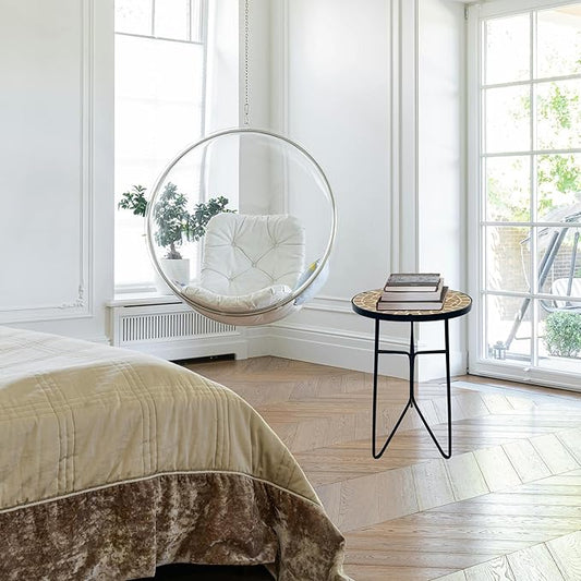 Mosaic Khaki Round Sode Tea Table,Valentine's Day Unique Furniture, Small End Outdoor Side Accent Bedside Dining Room Table, Indoor Balcony Outdoor Furniture, Balcony Valentine's Day Decor