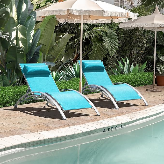Domi Pool Lounge Chairs Set of 2, Aluminum Adjustable Outdoor Chaise Lounge, All Weather Poolside Chairs for Deck Lawn Poolside, Textilene (Turquoise Blue)