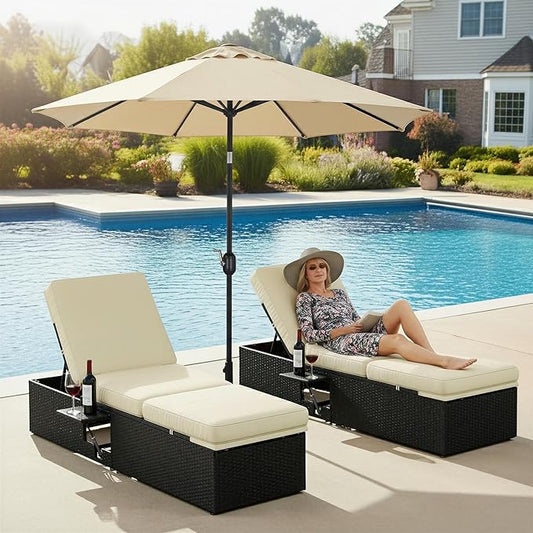 Yaheetech Outdoor PE Wicker Chaise Lounge Chair, Patio Black Rattan Reclining Chair with Adjustable Backrest and Folding Table, Outdoor Recliners for Patio Beach Pool Backyard
