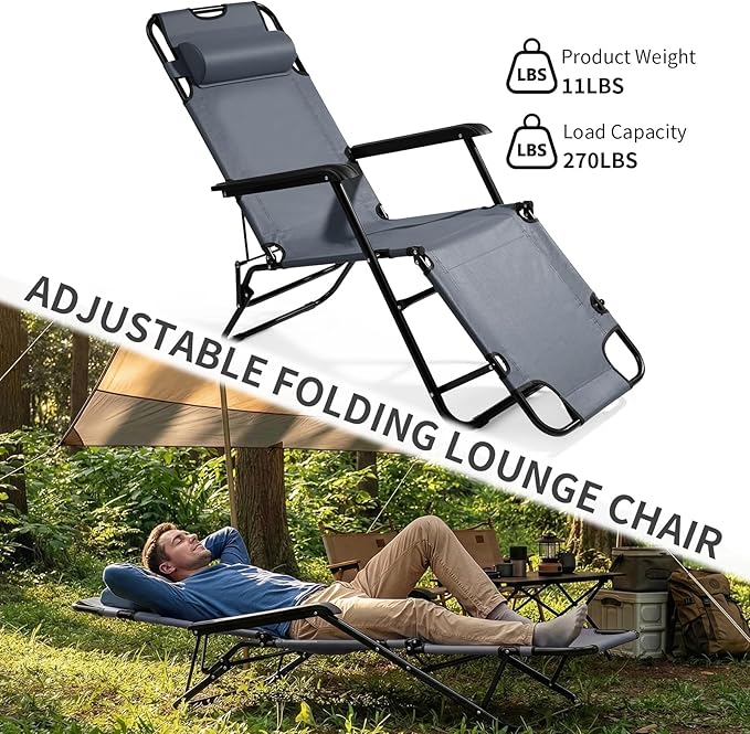 Outdoor Folding Chaise Lounge Chair, Patio Sun Lounger Reclining Beach Chair Sun Patio Pool Lawn Recliner Chair (Gray)