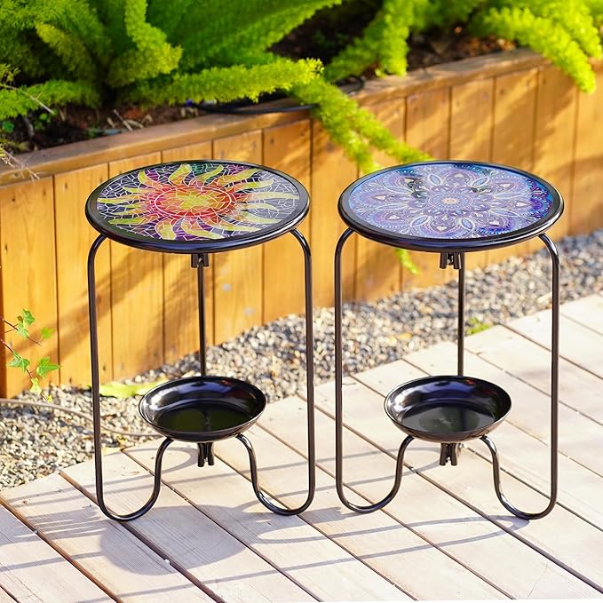 Modern Mosaic Mandala Pattern Glass Patio Table with Bottom Tray - Outdoor Side, Small Accent for Yard, Porch, Garden, Living Room, Coffee Tea, Plant Stand (Blue Mandala)