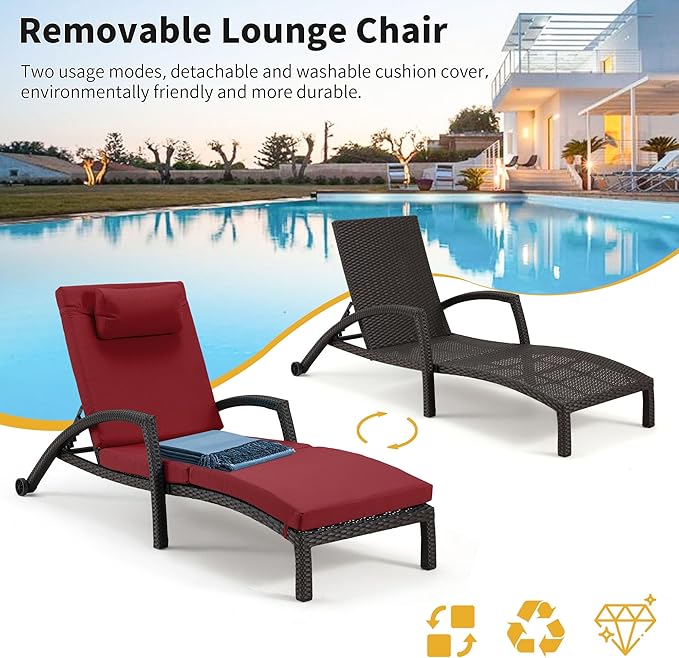 HOMREST Chaise Lounge Chairs Set of 2, PE Rattan Wicker Patio Lounge Chair with Adjustable 5 Position, Arm and Wheels for Poolside Backyard Deck Porch,Wine red