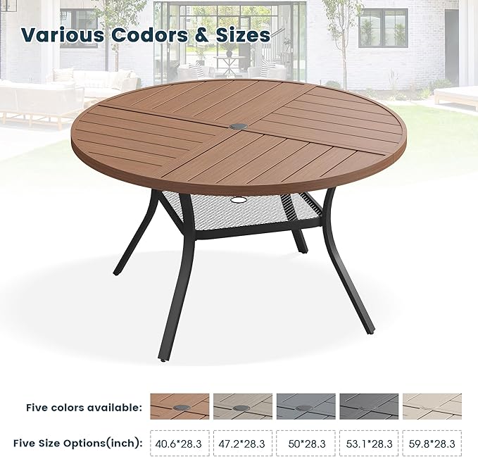 Patio Dining Table for 4-6, Round Metal Outdoor Table with Storage Shelf, 1.57" Umbrella Hole, 47" Outdoor Quartered Tabletop Dining Table for Backyard, Porch, Lawn, Walnut