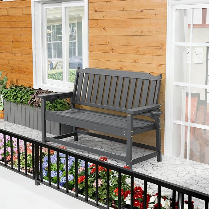 Outdoor Bench with Cup Holder All-Weather HDPE Fade Resistant Garden Bench 660 lbs Bearing 2-Seat Front Porch Furniture for Patio, Backyard,Park (Grey)