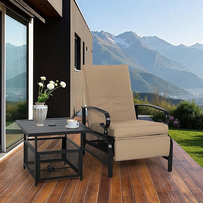 Incbruce 2 Pieces Outdoor Lounge Recliner Set, Adjustable Metal Recliner Sofa Chair and Umbrella Stand Side Square Table Suitable for Garden, Pool, Yard (Brown)