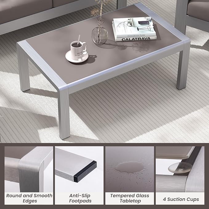Tangkula Outdoor Rectangle Coffee Table, Aluminum Side Table w/Tempered Glass Tabletop & Lightweight Aluminum Frame, Patio End Table for Backyard, Garden, Poolside (Gray)