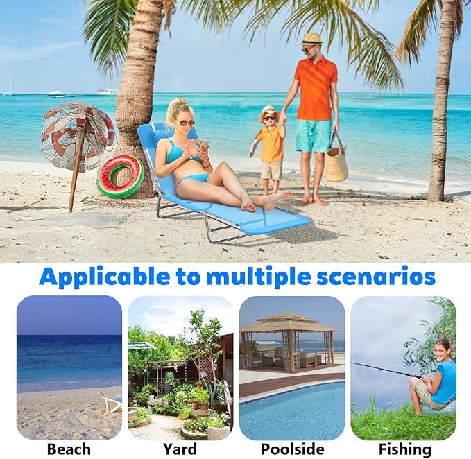 Outdoor Tanning Chair with Pillow, Folding Chaise Lounge Chair with Adjustable Backrest, Portable Lay Flat Beach Lounge Chairs for Sunbathing Poolside Patio Lawn Camping(Blue 2)
