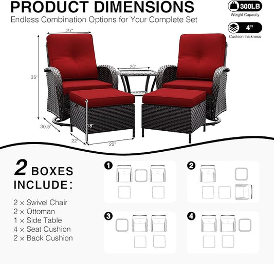 Joyside Wicker Patio Furniture Set, 5 Piece Outdoor Furniture Set with Thickened Cushions, High Back, Deep Seating, Wide Armrest, Outdoor Swivel Rocker Chairs for Porch, Deck