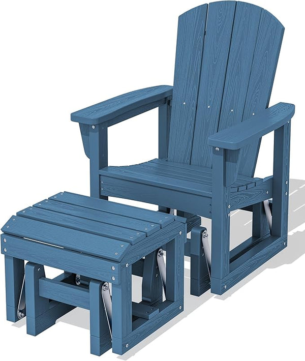SERWALL Outdoor Glider Chair with Ottoman, HDPE Wood-Like Patio Glider Set All-Weather Porch Glider for Outside, Blue - Photo 1