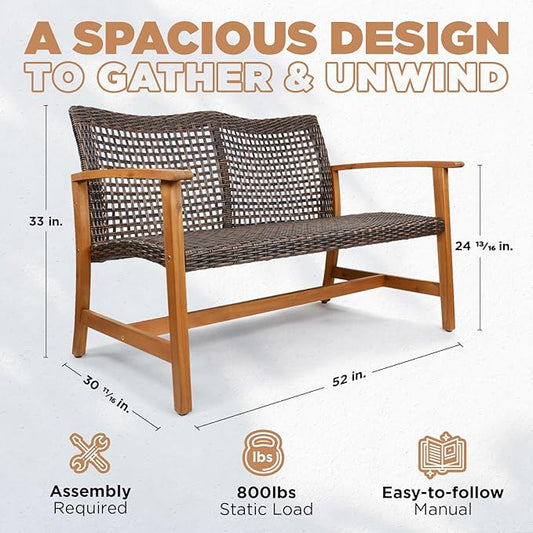 IDZO Harmonie 800lbs Capacity Outdoor Loveseat Furniture, FSC Certified Acacia Patio Sofa with Upgraded 2000 Hours UV Resistant Wicker, Teak Finish Porch Couch
