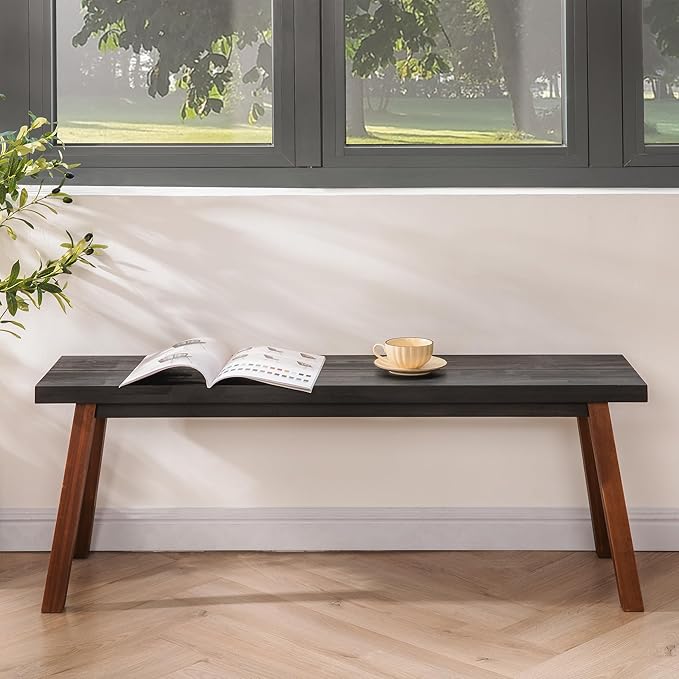 Solid Wood Bench - Minimalist Design, Acacia Wood Construction, Black Mix Brown Color, Versatile for Entryway, Living Room, Bedroom & Outdoors, Easy Assembly & Weather-Resistant