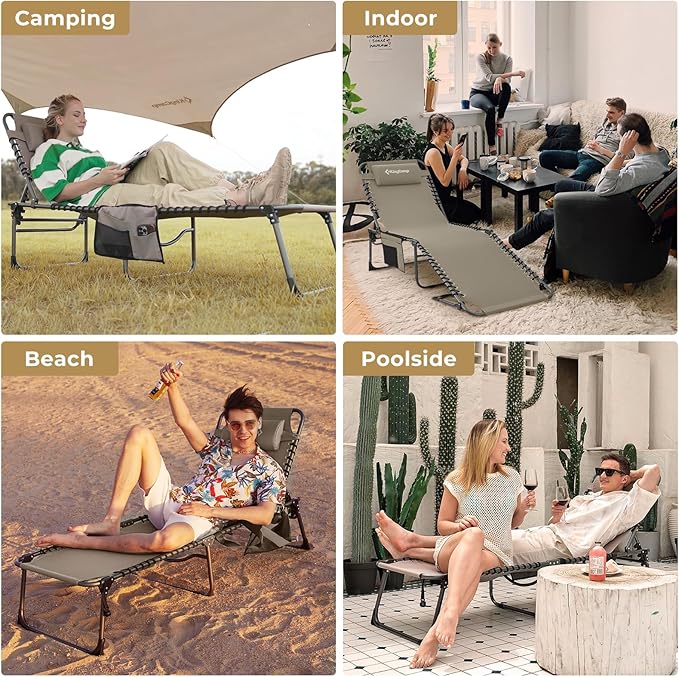 KingCamp Lounge Chair Outdoor, Folding Portable Tanning Chairs Comfy Adjustable 5-Position Lay Flat Foldable Chaise Chaser Lounger with Pillow for Outside Beach Patio Sun bathing Backyard Pool, Beige