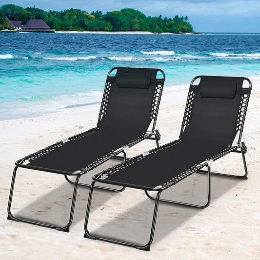 Goplus Chaise Lounge Chair, Folding 5-Postion Beach Lounge Chair with Detachable Pillow, Sunbathing Lounger, Adjustable Tanning Chair for Patio Lawn Pool Yard Outdoor