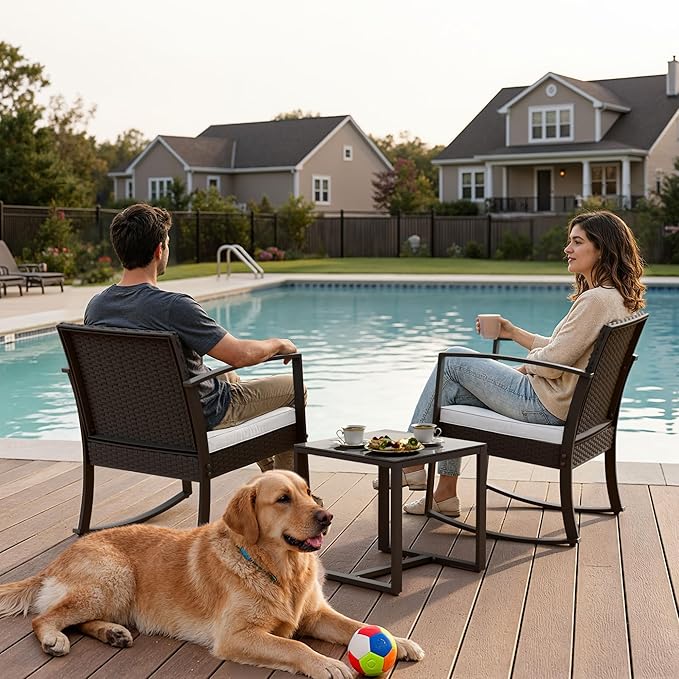 Greesum 3 Pieces Outdoor Furniture Set Patio Bistro Rocking Chairs with Glass Coffee Table for Pool Beach Backyard Balcony Porch Deck Garden, White
