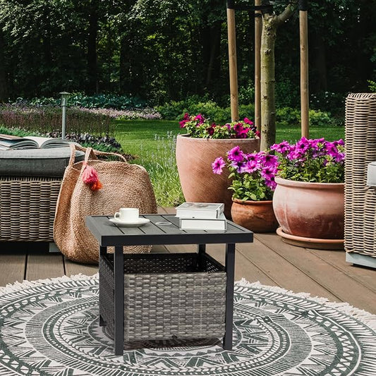VINGLI Outdoor Side Table with Umbrella Hole Wicker Patio Umbrella Table, Wicker Side Table End Table for Balcony Porch Deck