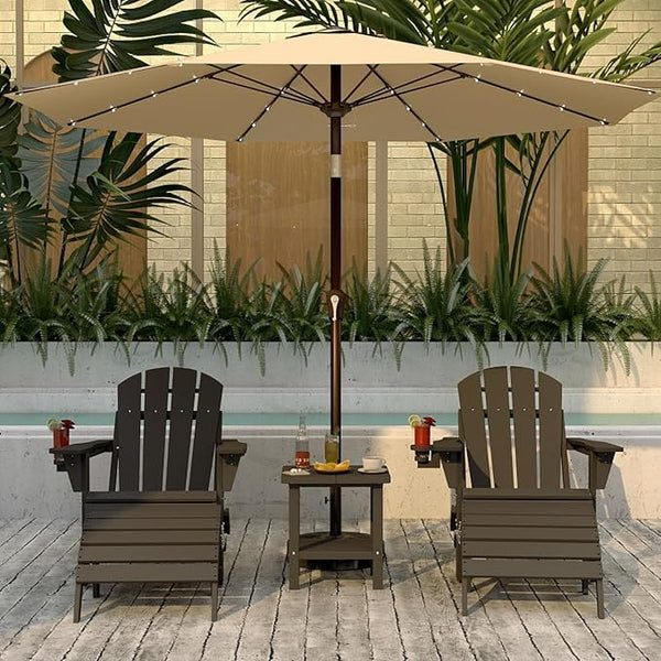 Black 6-Piece Folding Adirondack Chair Set with Cup Holders, Ottomans, Side Table & Beige 9FT Patio Umbrella with Base - Photo 1