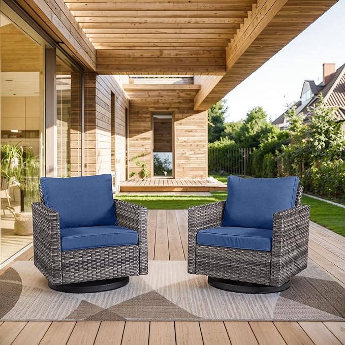 Outdoor Patio Swivel Rocker Chairs - Wicker Patio Swivel Rocking Chairs Set of 2 with Waterproof Wicker,Comfortable Cushions and Sturdy Metal Frame for Outside Porch Deck Backyard(Mixed Grey/Blue)