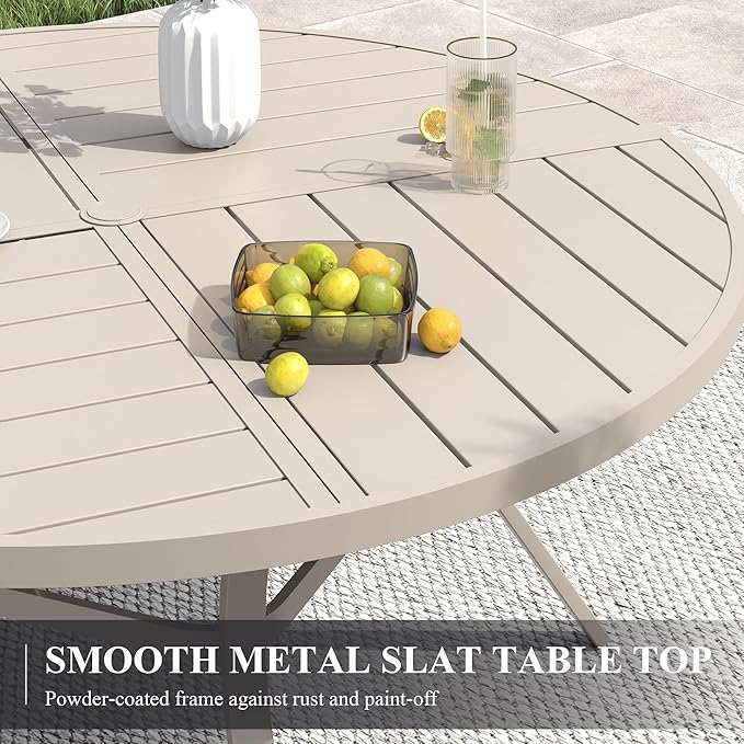 VICLLAX 60" Round Patio Table with Umbrella Hole, All Weather Metal Outdoor Dining Table for 8, Outside Table for Lawn Garden, Sandshell Color