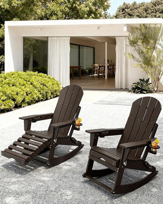 Adirondack Rocking Chairs Set of 6 with Retractable Ottoman, All Weather Folding Adirondack Chair with Two Cup Holders, Adirondack Outdoor Rocking Chairs for Porch, Patio, Balcony. Coffee