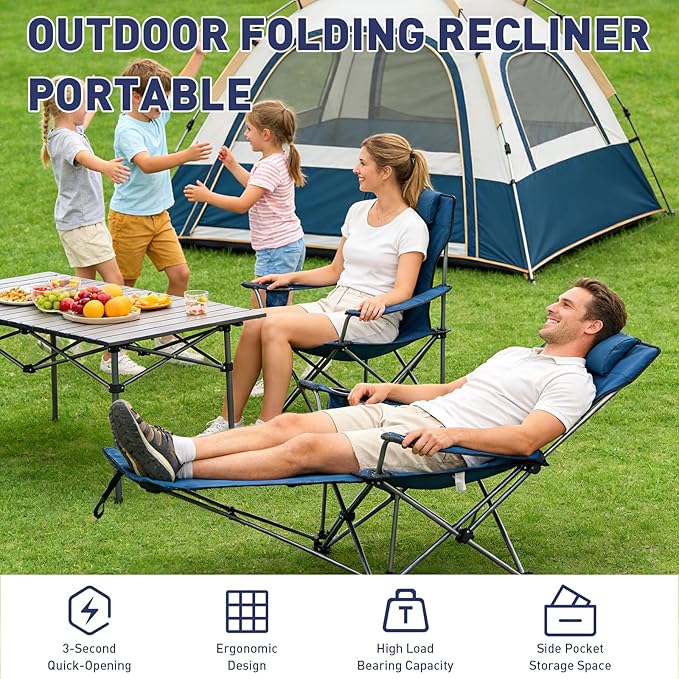 Zero Gravity Chair, Reclining Camping Chair with Padded Pillow, Cup Holder, Storage Pocket & Carry Bag, 4-in-1 Portable Camping Recliner for Outdoor, Beach, Garden, and Backyard - Blue Mesh